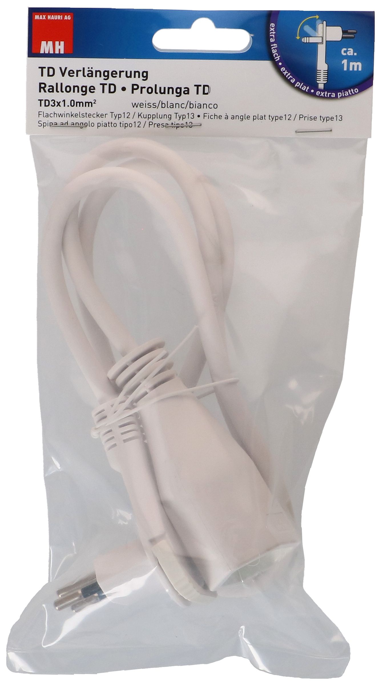 Rallonge TD H05VV-F3G1.0 1m blanc à angle plat type 12