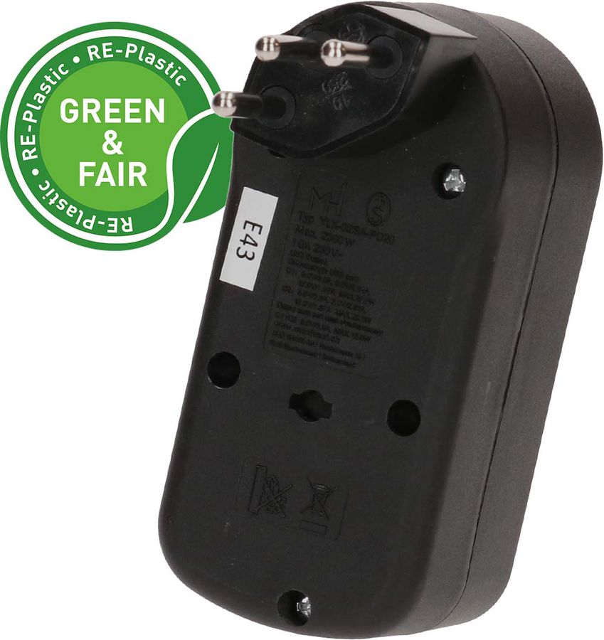 Abzweigstecker ADAPT 1x Typ 13 USB-C/C 20W sw drehbar Green+Fair